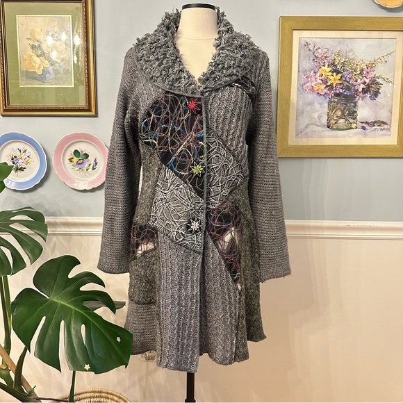 Vtg 90s Long Cardigan XL Artsy Mixed Media Quirky Phoebe Buffay Witchy Patchwork - Picture 1 of 13